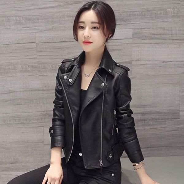 

women motocycle autumn leather jacket black turn-down collar female pu outwear coat 2020 classical slim1