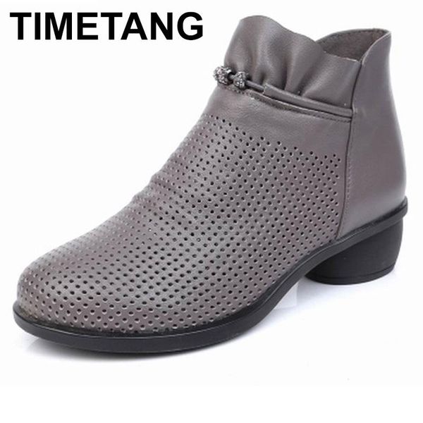 

boots timetang spring women genuine leather ankle shoes summer zapatos chaussures femme square high heel shoe 35-43, Black