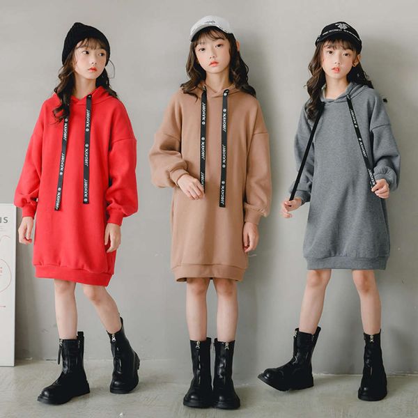 

hooded girls' plush new winter 2020 long skirt middle and large children's loose korean warm drs, Red;yellow