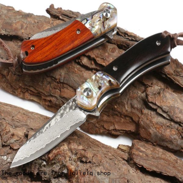 

knife folding outdoor tactical damascus steel abalone vg10 shell sandalwood handle hunting defense camping knife portable pocket qynf nrin4