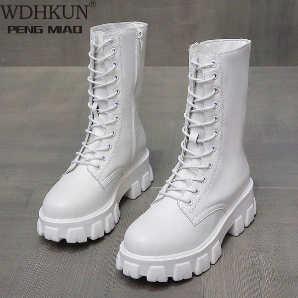

boots 2021 spring women white autumn fashion black leather platform gothic punk combat mid-calf for