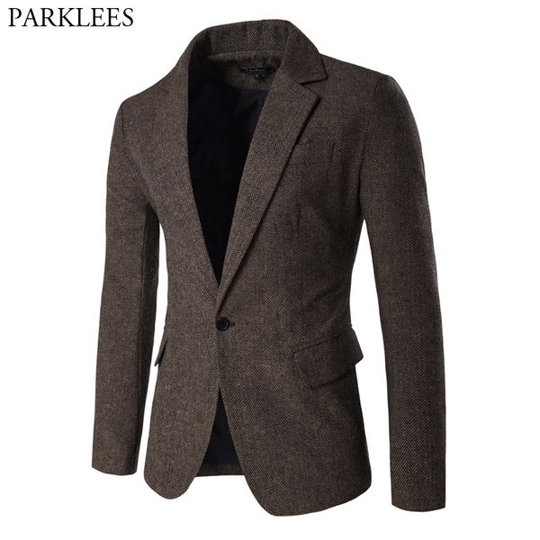 Homens Blazer Jaqueta Herringbone Sport Casaco Smart Formal Jantar Ternos de Algodão Slim Fit Um Botão Notch Lapel Casual Coat Café 201104