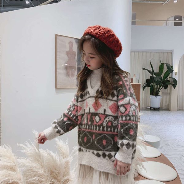 

autumn and girls' winter 2020 new fashion fake two piece geometry half high collar mink veet children's sweater trend, Blue