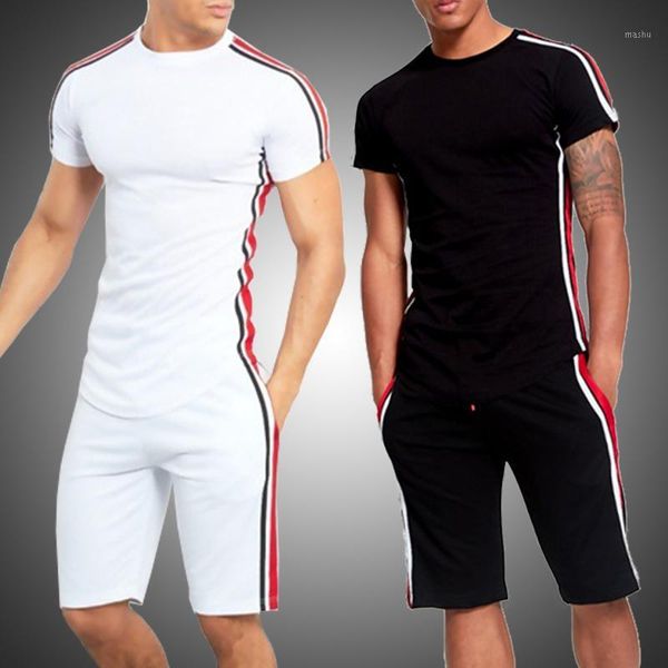 

2020 summer set men 2 pieces short sets jogger tracksuit suit summer male striped shorts t shirt sportswear suit men clothing1, Gray