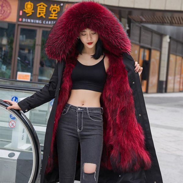 

n10 women's hooded parka overcoat women 2020 winter new raccoon fur liner over the knee fur overcoat women long faux coat, Black