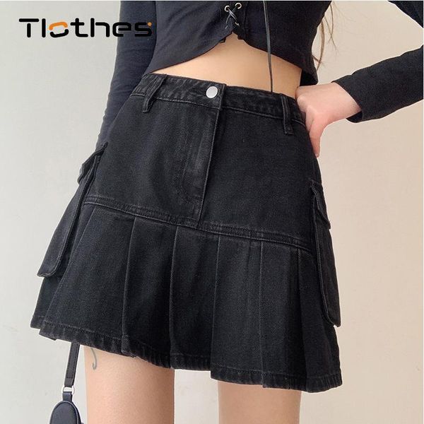 

skirts streetwear black denim skirt women casual high waist pencil pocket patchwork short jeans for girls fashion cowboy