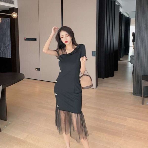 

light new 2020 mature style summer stitching mesh single breasted medium length fishtail dress h5818, Black;gray