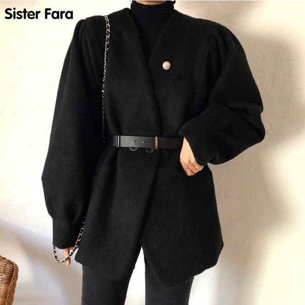 

sister fara new spring autumn woman's black v neck overcoat double breasted thick style waist straight long sleeved woolen coat1