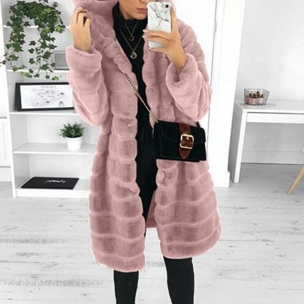 

thick warm hooded artificial fur coat women winter fashion solid color black pink outerwear soft plush long jacket plus size 5xl kg-171