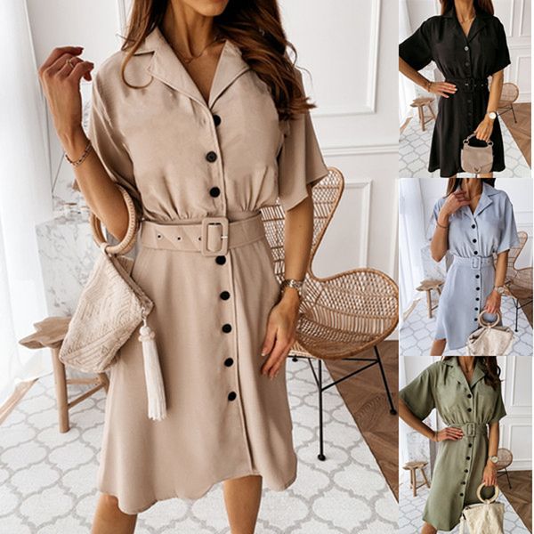 

summer fashion solid short-sleeved v-neck single-breasted shirt dress women plus size midi dresses female vestidos robe femme y0118, Black;gray