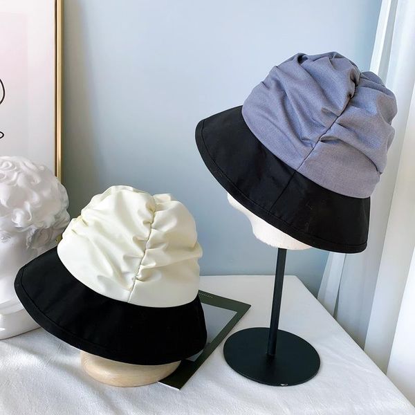 

2021 new japan pleated bucket hat for women cotton wide brim elegant ladies fisherman hat designer wedding panama, Blue;gray