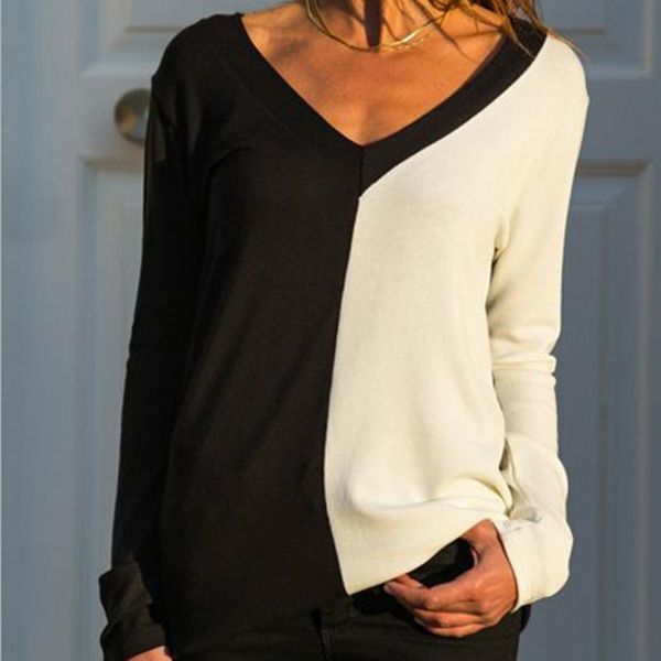 

modis autumn winter women t-shirt fashion casual v-neck long-sleeved stitching contrast color t-shirt casual loose women, White