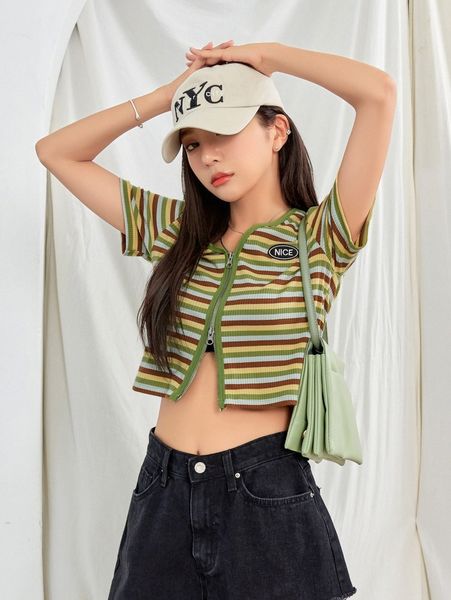 

dazy striped zipper up v neck crop l2vm#, White