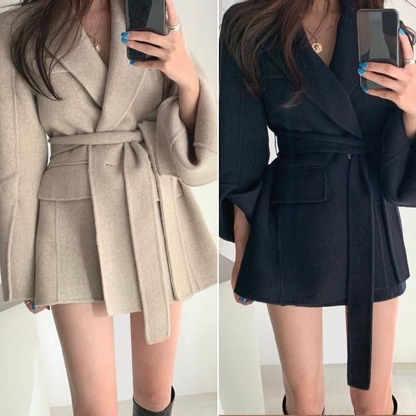 

women's korean style mid-length strappy waist and thin woolen coat, Black