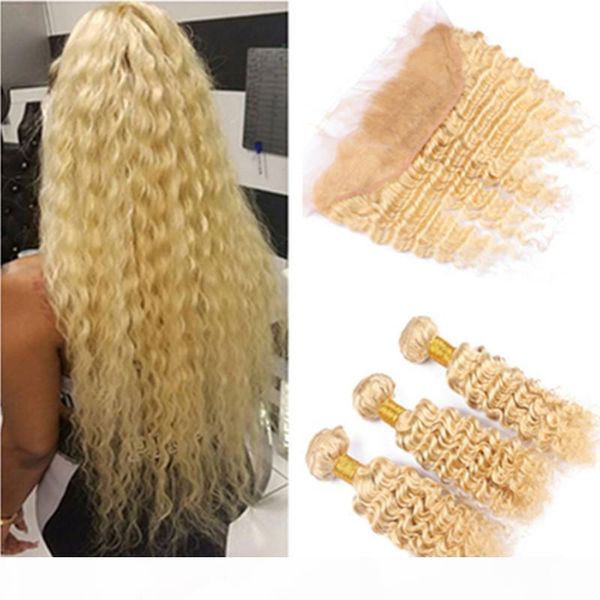 

virgin peruvian #613 deep wave human hair with ear to ear lace frontal 13x4 blonde full lace frontal closure with deep wavy 3bundles, Black;brown