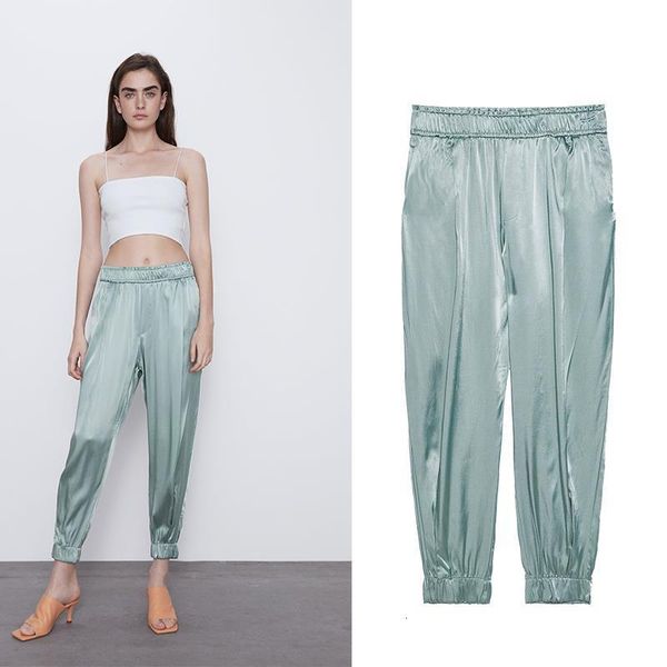 

za 2020 new women long pants with high wasit harem pant solid england casual summer ankle length silk trousers, Black;white
