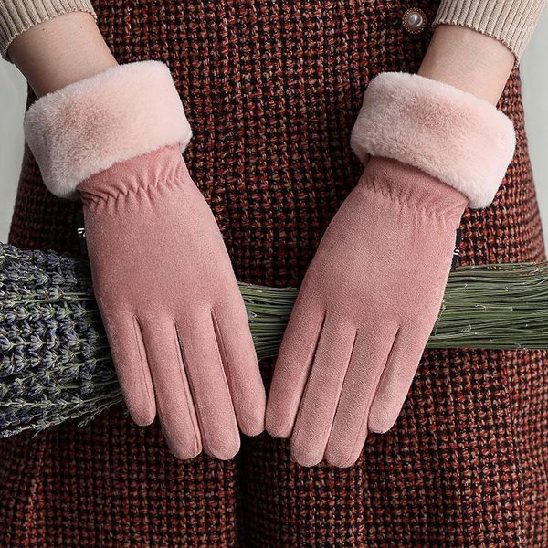 

five fingers gloves 2021 brand women' winter suede leather warm protective for women fashion touch screen driving mittens black1, Blue;gray