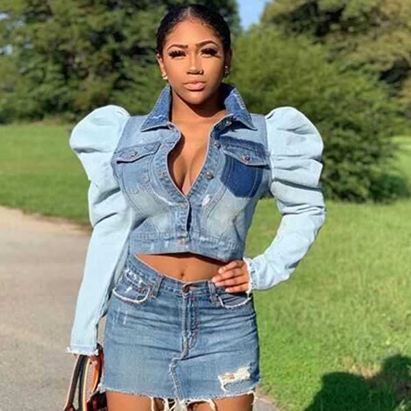 

1c new short splicing bubble sleeve womens denim jacket womens denim jacket, Gray