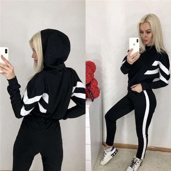 

cardigan hooded women's sportswear 2-piece long-sleeved striped women's hooded sweatpants sports pants casual sportswear hooded cr, White