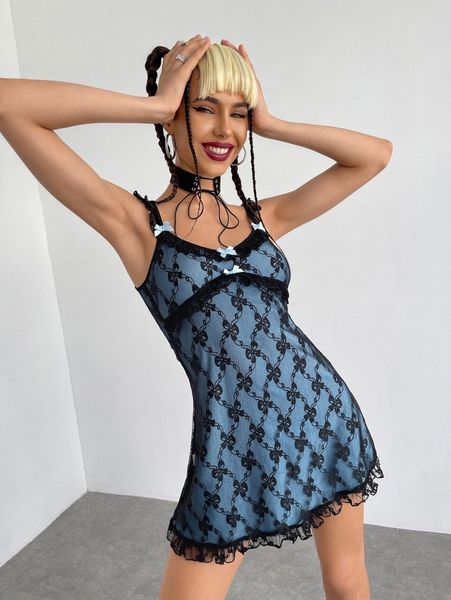 

bow front lettuce trim lace cami dress k5dg#, Black;gray