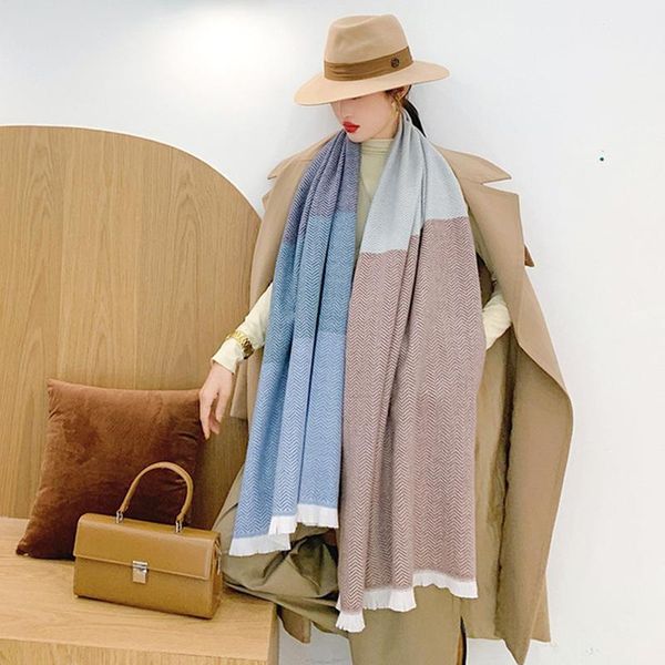 

scarves simple colormatching shawl imitation cashmere scarf women winter warm corrugated double-sided dual-use multi-purpose, Blue;gray