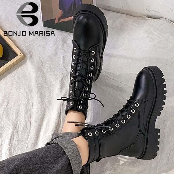 

bonjomarisa female stylish punk mid calf boots round toe lace up punk motocycle boots women brand casual platoform shoes woman, Black