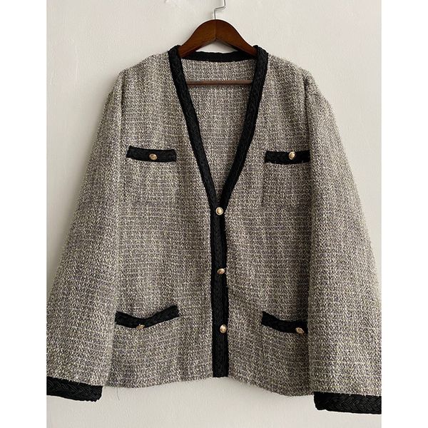 

tweed lurex female jacket chic autumn cleavage in v long bottons sweet coton jackets 2020 lady from the office winter coat, Black;brown