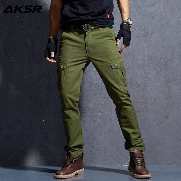 

aksr men's casual solid color cargo pants with pockets large size flexible tactical pants streetwear track overalls men, Black