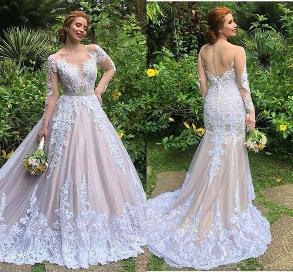 

long sleeve mermaid country wedding dresses with detachable train 2022 lace applique beaded fishtail two pieces bridal gown, White
