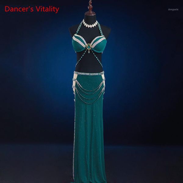 

belly dance high-end custom female child elegant bra set double-sided hollow diamond chain long skirt performance clothing1, Black;red