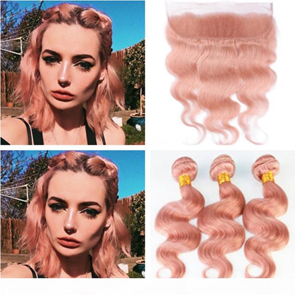 

pure pink malaysian virgin human hair weaves with lace frontal body wave pink hair bundle deals 3pcs with 13x4 full lace frontal closure, Black;brown
