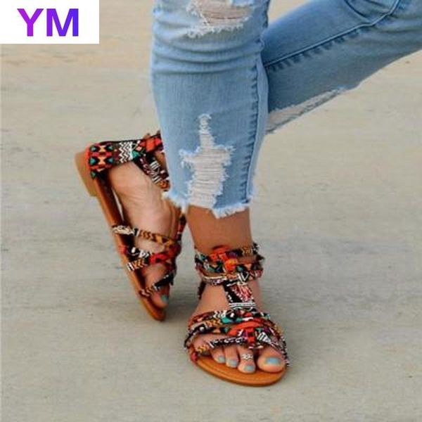 

sandals style women's summer flats heel mixed color buckle strap fashion outdoor peep toe beach shoes size 34-43, Black