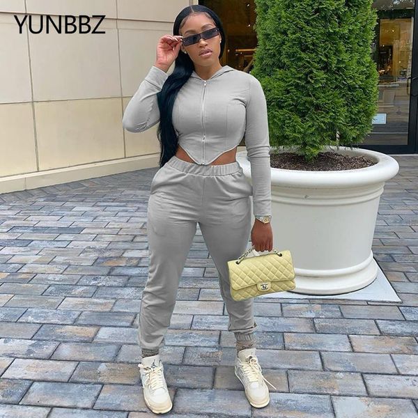 

yunbbz two piece set zip long sleeve hoodies pocket pants women fall winter clothing fashion streetwear matching sets, Gray