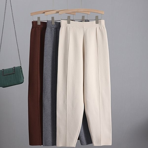 

gigogou knitted thick warm pants vertival striped women harem pants autumn wintersolid peg leg fly pants workwear carrot trouser 201119, Black;white