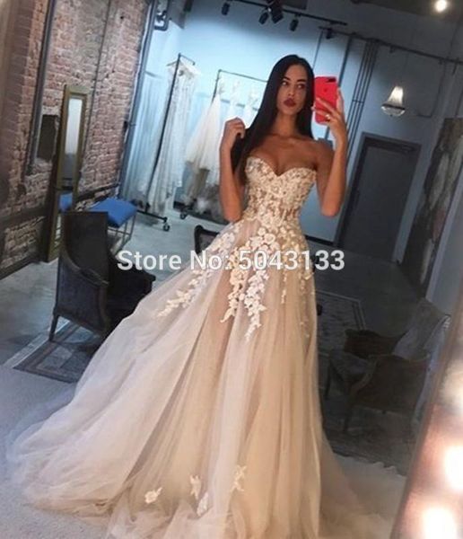 

charming champagne wedding dresses with ivory appliques a line sweetheart off the shoulder lace corset back wedding brides gowns 201114, White;black