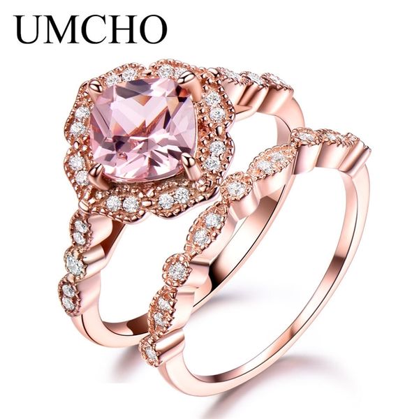 

umcho 925 sterling silver ring set female morganite engagement wedding band bridal vintage stacking rings for women fine jewelry 201006, Golden;silver