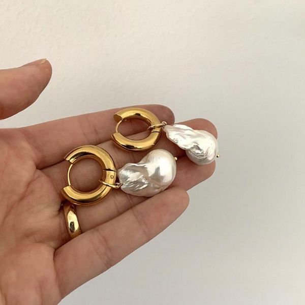 

dangle & chandelier titanium with 18 k gold real natural baroque pearl drop earrings punk party gown runway rare boucle korean japan ins boh, Silver