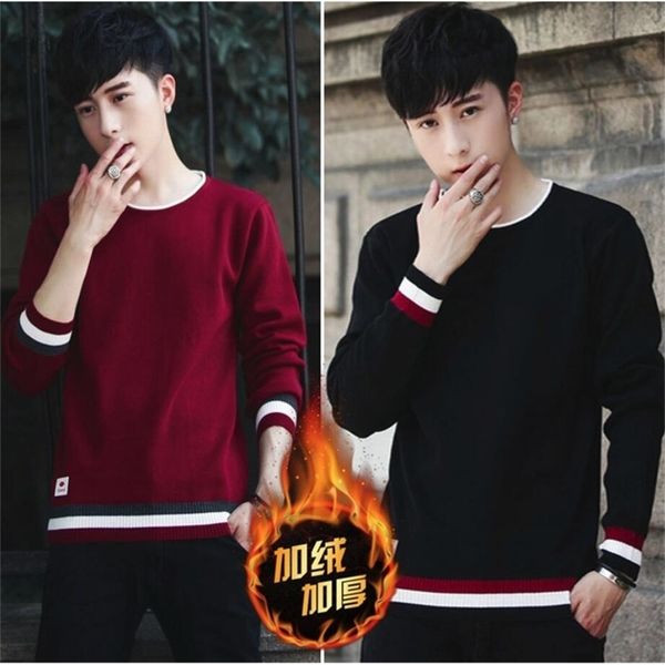 

men's new korean edition plush long sleeve knitted shirt youth hundred-set sweater round-collar oat 201214, White;black