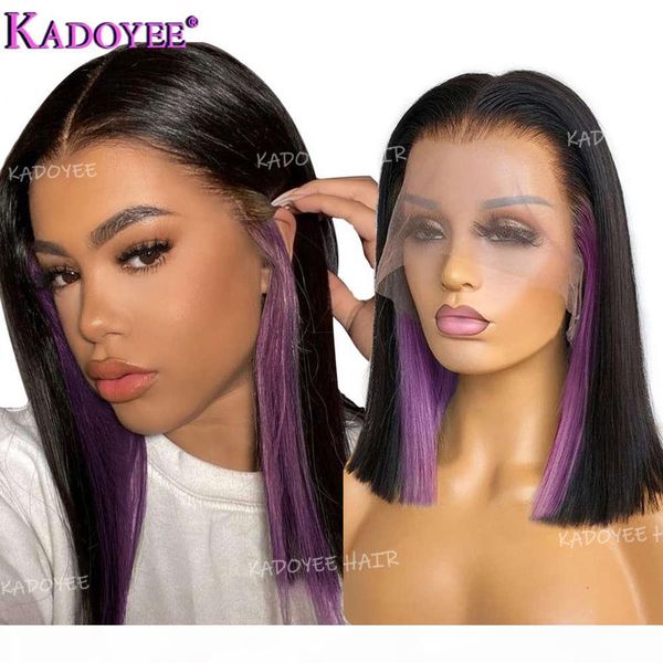 

1b purple bob human hair ear hidden glam highlight straight colored short wigs for women brazilian remy t part lace wig, Black;brown