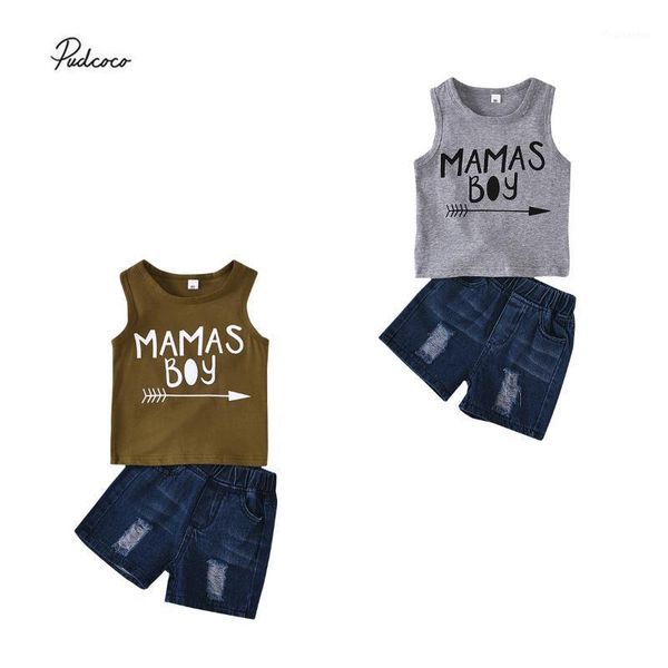 

2020 baby summer clothing infant kids baby boys 2pcs set clothes letter print vest ripped denim shorts casual sunsuit1, White