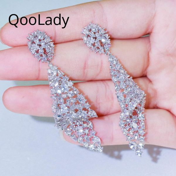 

qoolady 2021 fashion symmetrical design white cubic zirconia stone drop earrings for charm women engagement banquet jewelry e222, Silver