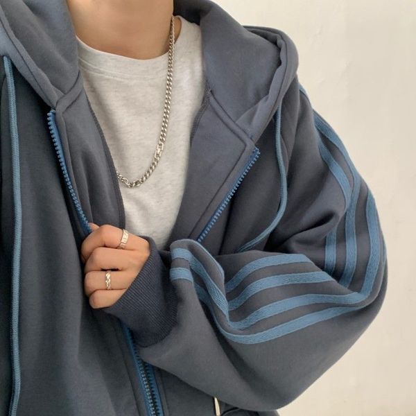 

four bar zipper sweater women's fashion ins plush thickened autumn winter korean loose hooded languid couple's coat, Black