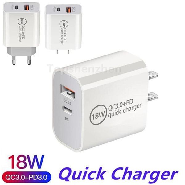 Portas dual carregador USB 18W Carregador Rápido PD 3.0 Tipo C Carregamento Rápido Adaptador de Carregador de Parede Home para iPhone 11 12 Pro X XS 8 Samsung Xiaomi