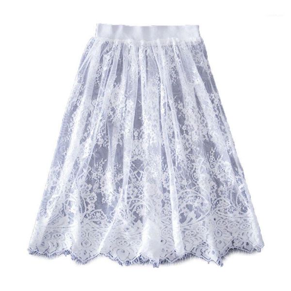 

womens hollow out sheer floral lace elastic waistband midi overlay flare skirts solid color pleated eyelash trim party1, Black