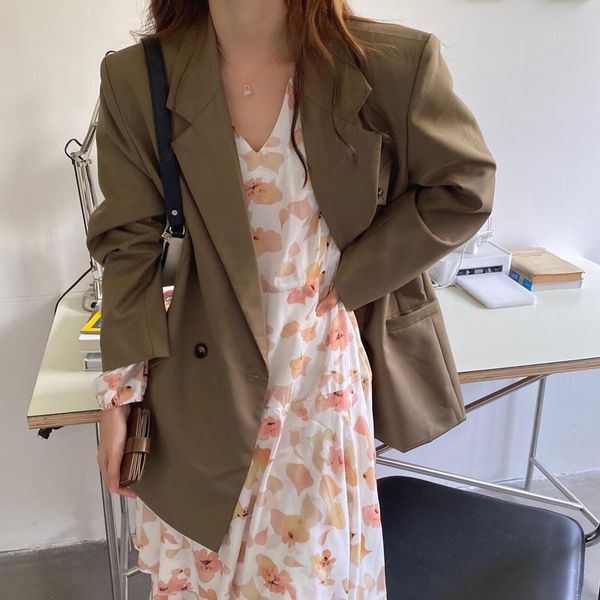 

women's suits & blazers vintage notched collar single button women blazer winter fashion loose suit jacket khaki female outwear 2021 jk, White;black