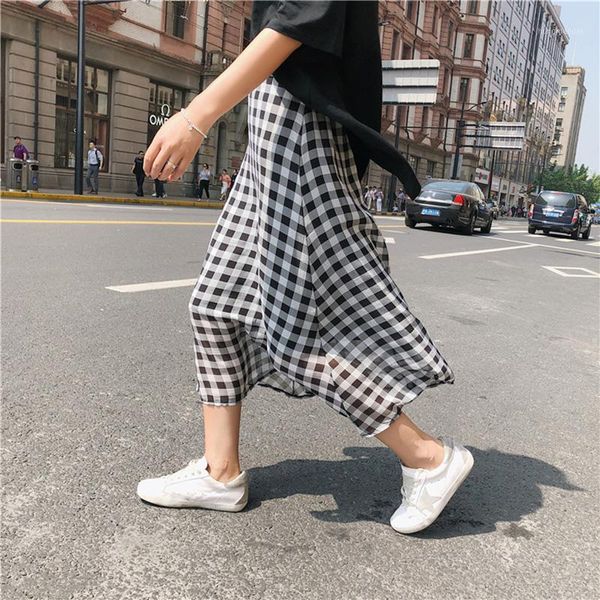 

korean summer women skirt plaid print long streetwear pink black chiffon long beach a-line party high waist boho skirts skater1