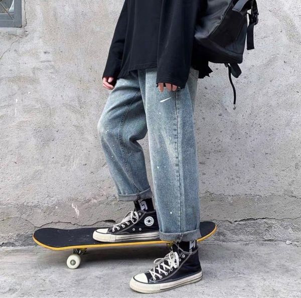 

mens loose jeans fashion splash ink wide legs pants men straight jeans couple models casual trousers on sell, Blue