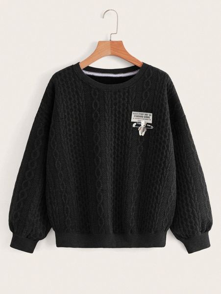 

slogan patched bear detail cable textured drop shoulder pullover 097f#, White;black