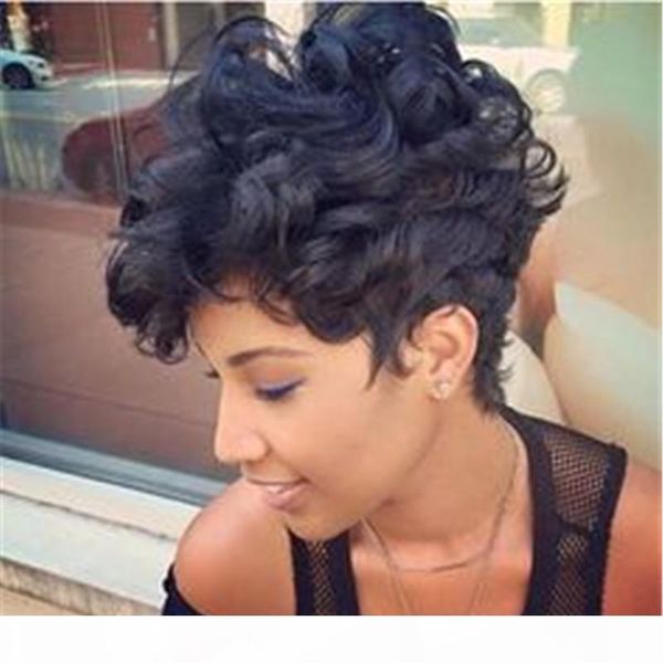 

human hair capless wigs human hair natural wave layered haircut pixie cut with bangs short machine made wig women's, Black;brown