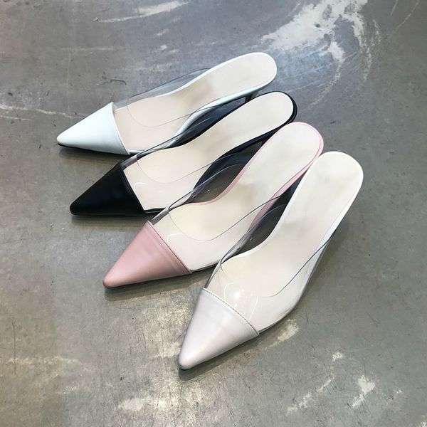 

2021 new pointed half women's spring matching color heeled transparent heels wear slippers outside ampj, Black